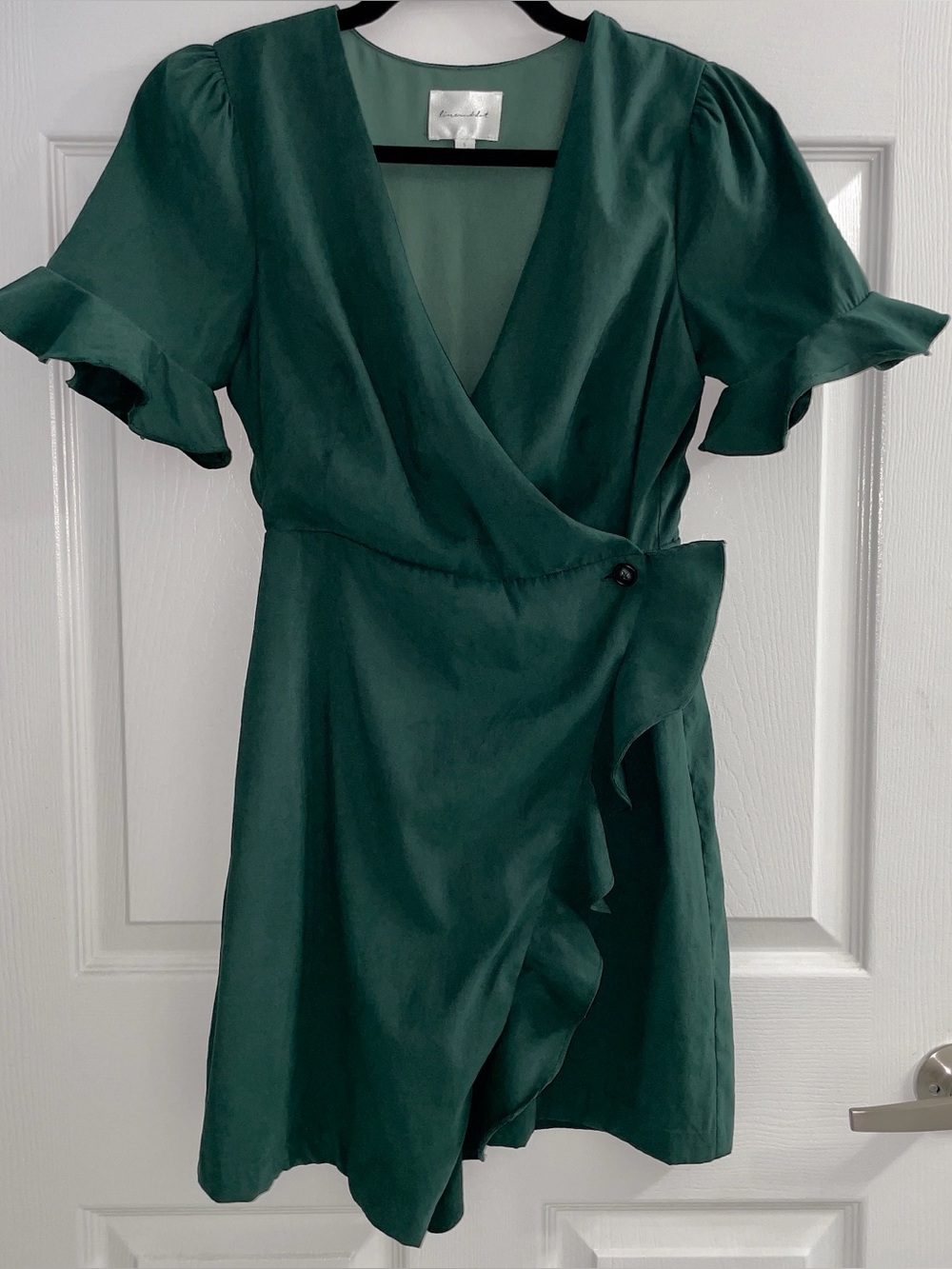 Line & Dot Emerald Green Ruffle Wrap Dress Small - Picture 2 of 7